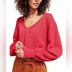 FREE PEOPLE RIPTIDE V NECK PULLOVER SWEATER IN HOT PINK COMBO SIZE XS EUC